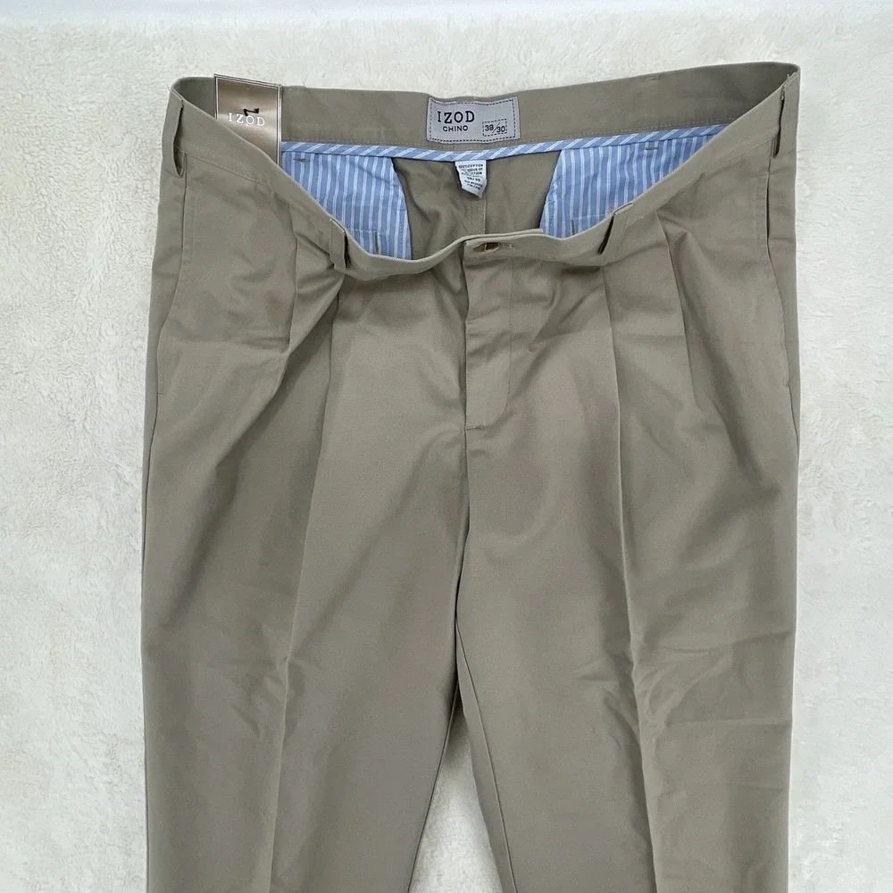 IZOD Slacks Saltwater Double Pleat Cuffed Cotton Chino Pants 38x30 Beige Khakis